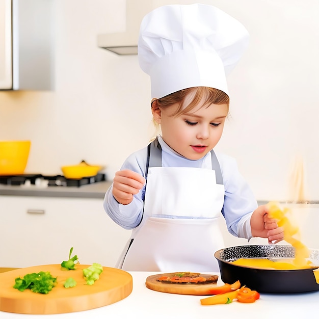 Una bambina in grembiule e cappello da chef prepara il cibo ai generi