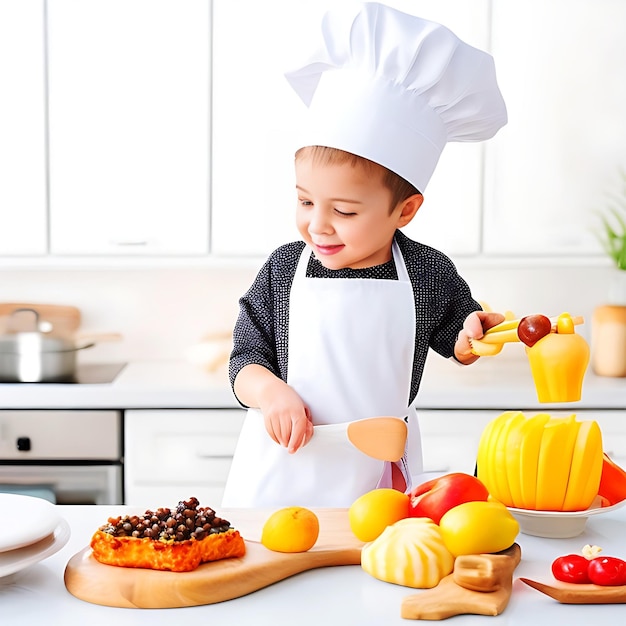 Una bambina in grembiule e cappello da chef prepara il cibo ai generi