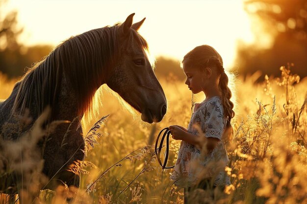 una bambina in piedi accanto a un cavallo in un campo