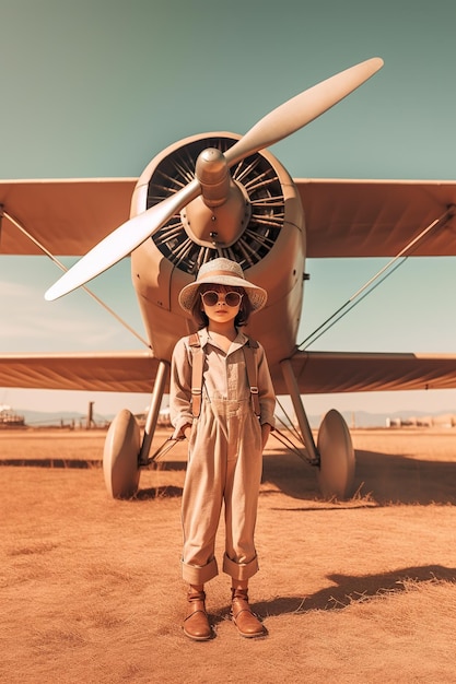 Una bambina in piedi davanti a un aeroplano Immagine generativa AI