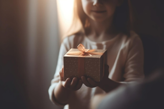 Una bambina in possesso di una confezione regalo con un fiocco su di esso.