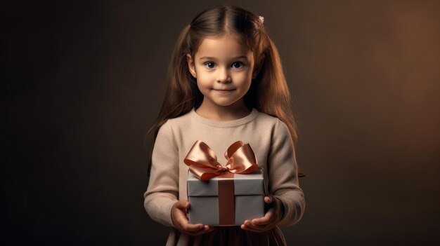 Una bambina in possesso di una confezione regalo con un fiocco su di esso