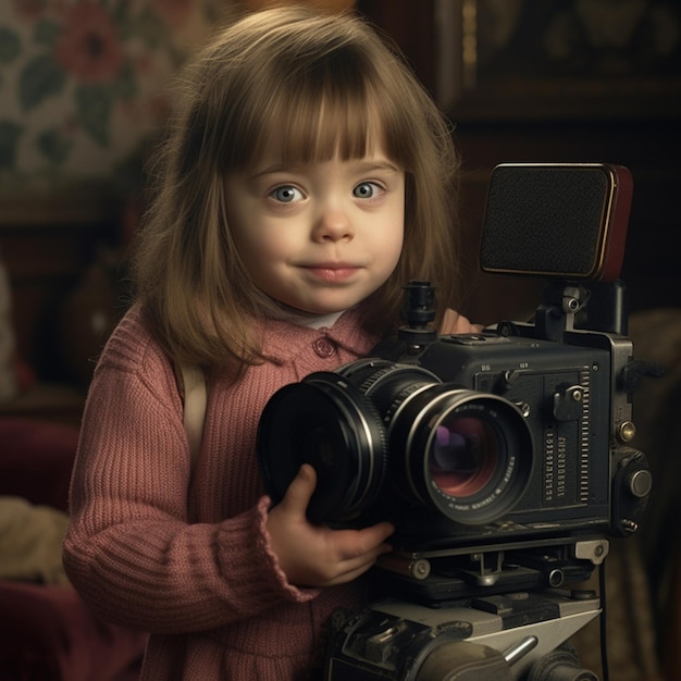 Una bambina in possesso di una macchina fotografica che dice la parola su di esso
