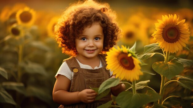 Una bambina in un campo di girasoli