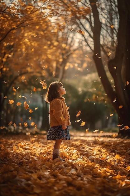 Una bambina in un parco con foglie autunnali che cadono dal cielo