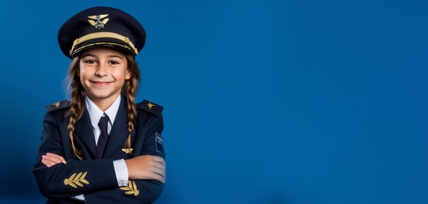 Una bambina in uniforme da pilota si trova davanti a uno sfondo blu