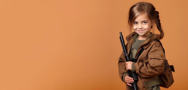 Una bambina in uniforme militare impugna una pistola davanti a un muro arancione