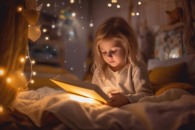 Una bambina legge un libro a letto con una luce accesa.