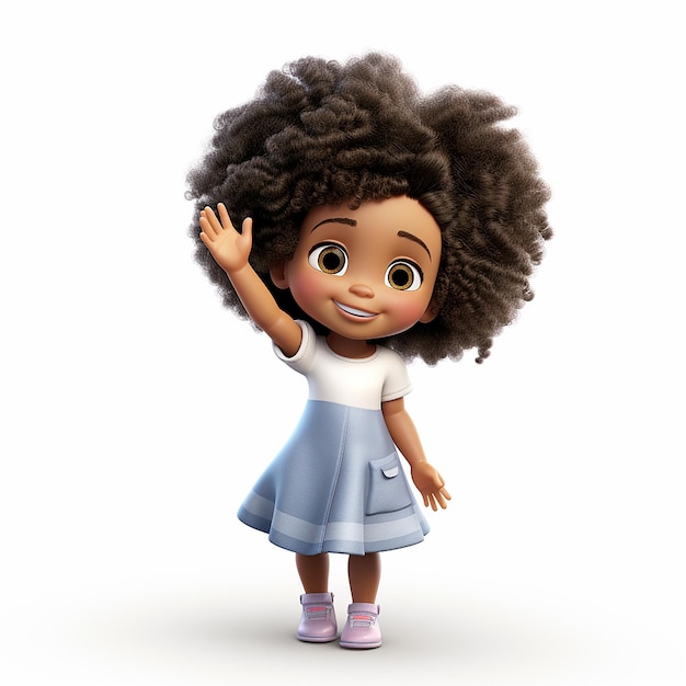 Una bambina nera con i capelli afro che salutano su sfondo bianco in stile pixar