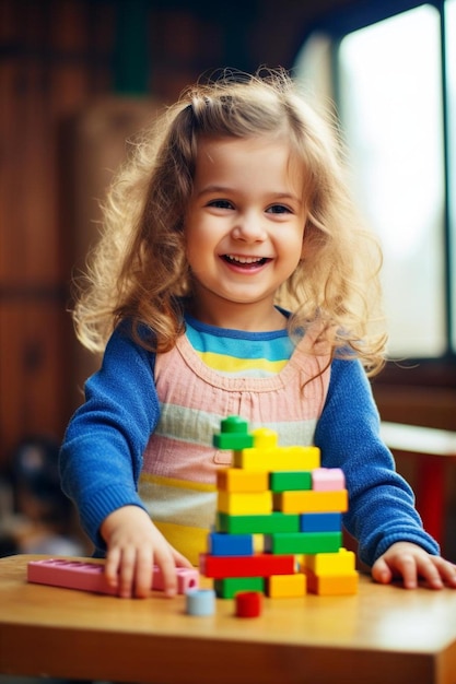 una bambina seduta a un tavolo che gioca con i blocchi