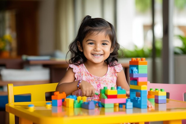 una bambina seduta a un tavolo con una pila di lego