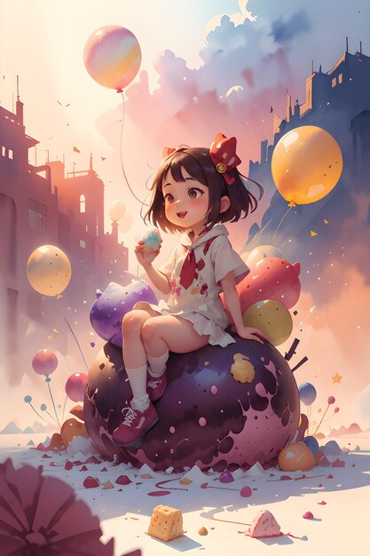 Una bambina seduta sul gelato gigante della torta con l'illustrazione del fondo della copertina del libro dei palloncini