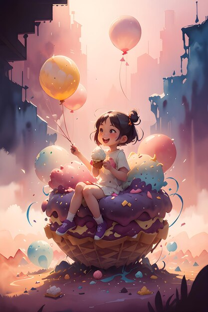 Una bambina seduta sul gelato gigante della torta con l'illustrazione del fondo della copertina del libro dei palloncini