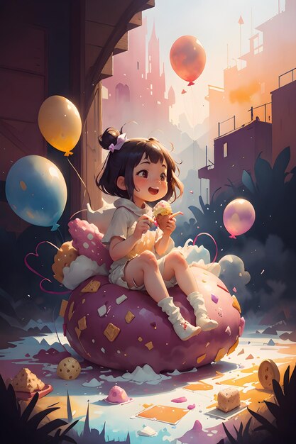 Una bambina seduta sul gelato gigante della torta con l'illustrazione del fondo della copertina del libro dei palloncini