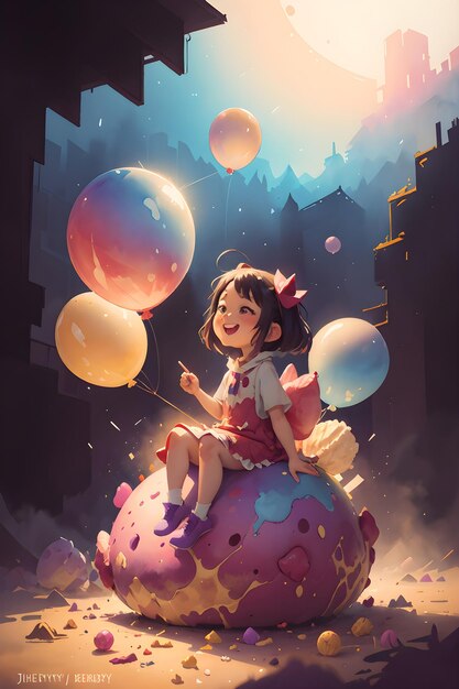 Una bambina seduta sul gelato gigante della torta con l'illustrazione del fondo della copertina del libro dei palloncini