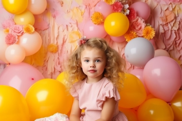 Una bambina si siede con un vestito rosa davanti a un mucchio di palloncini.