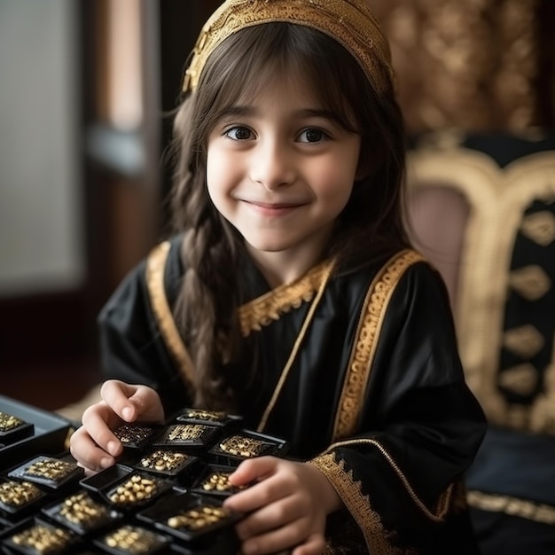 Una bambina si siede davanti a un vassoio di cioccolatini.