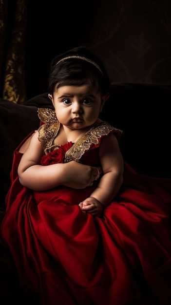 Una bambina si siede su un divano con un vestito rosso.