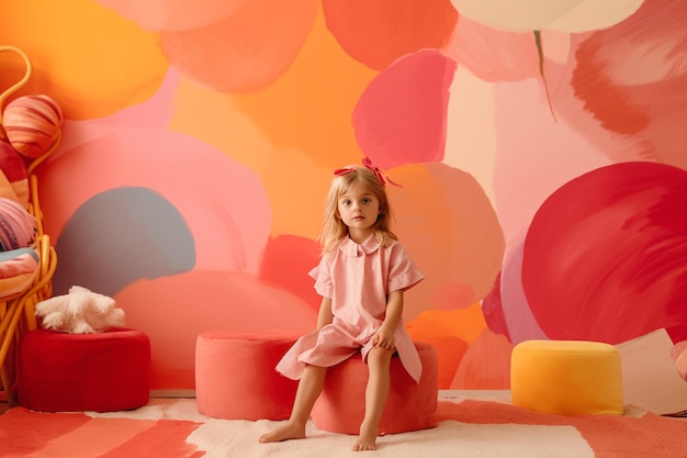 Una bambina si siede su uno sgabello davanti a un muro con cerchi colorati.