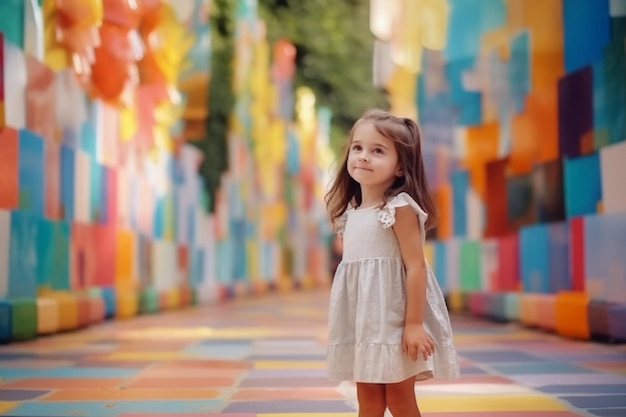 Una bambina si trova in un vicolo colorato con pareti colorate e un arcobaleno dipinto sul muro.