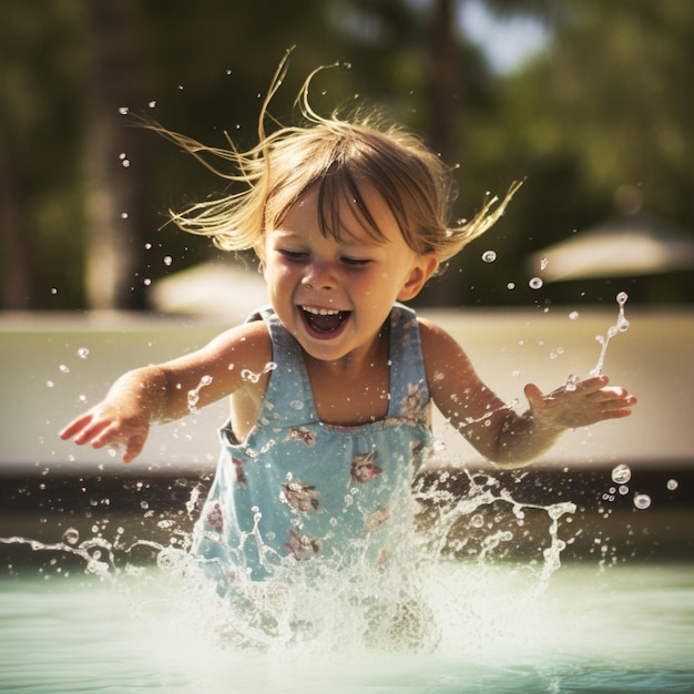 Una bambina si tuffa in una piscina con sopra la scritta "acqua".