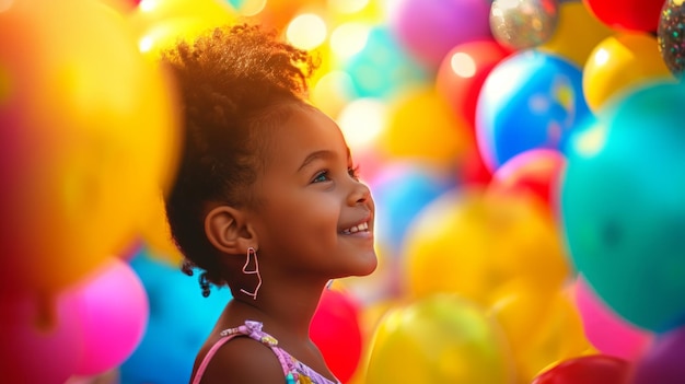 una bambina sorride ai colori vivaci dei palloncini