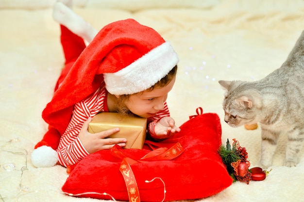 Una bambina sorridente sul letto con un gatto britannico e un regalo di Capodanno