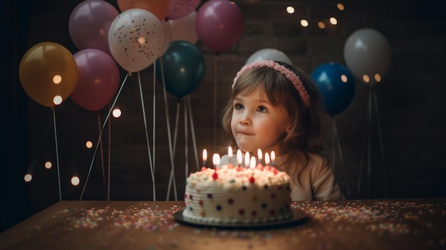 Una bambina spegne le candeline sulla sua torta di compleanno.