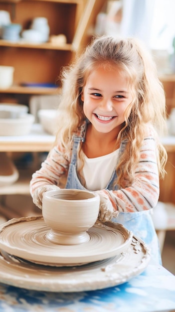 una bambina sta costruendo una ciotola con l'argilla