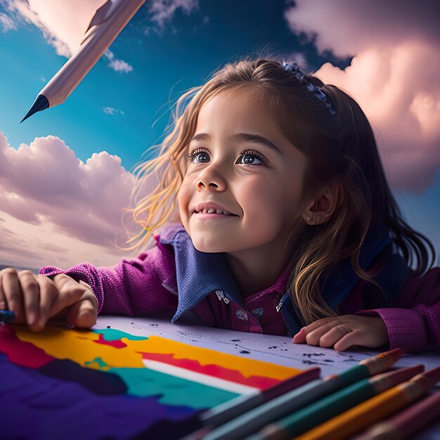 Una bambina sta guardando un disegno con una matita sopra.