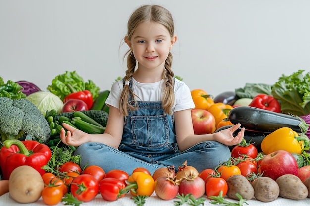 Una bambina su uno sfondo bianco circondata da frutta e verdura Generative Ai