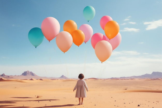 una bambina tiene in mano dei palloncini colorati in mezzo al deserto