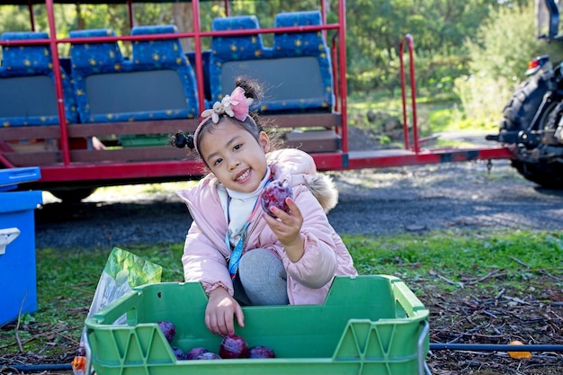 Una bambina tiene in mano un frutto in un cestino.