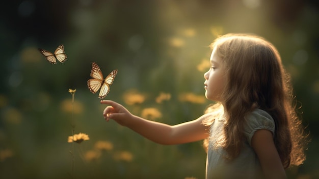Una bambina tiene in mano una farfalla.