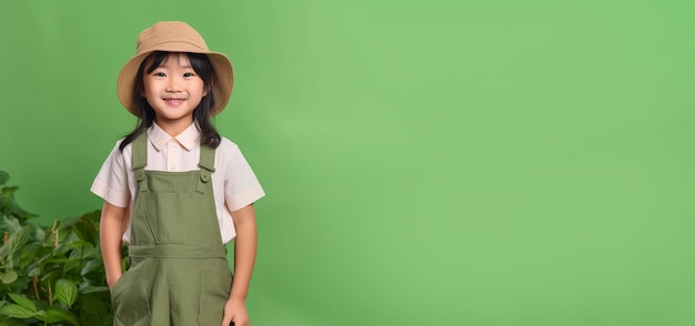 una bambina vestita da giardiniere si trova davanti a uno sfondo verde