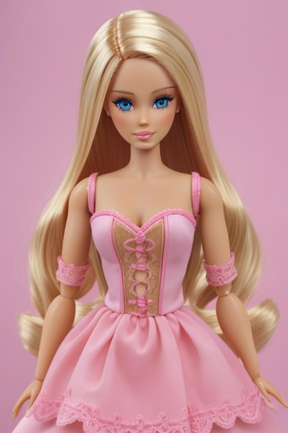 una bambola barbie che indossa un vestito rosa con una cintura rosa.