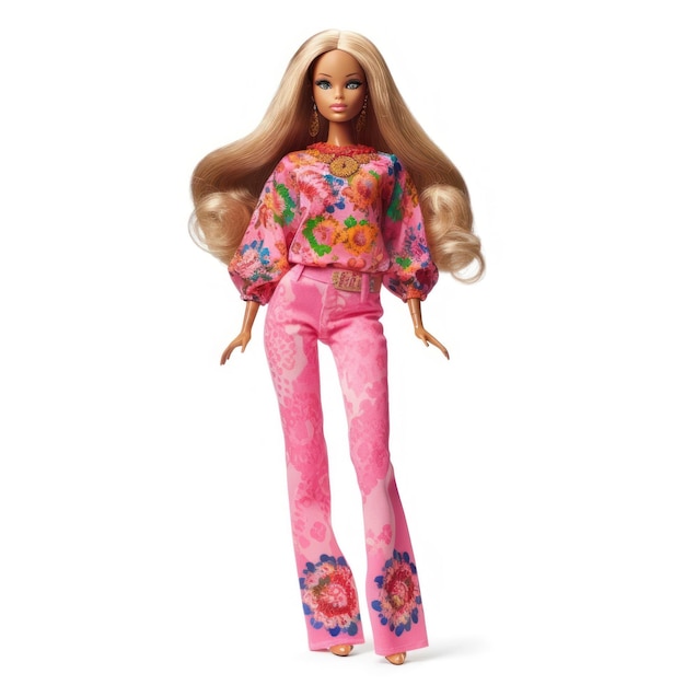 Una bambola barbie con capelli biondi e pantaloni rosa.