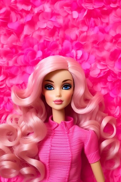 Una bambola Barbie con i capelli dorati di nuovo su sfondo rosa