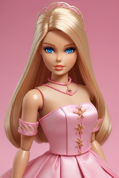 Una bambola Barbie con un vestito rosa e una collana.