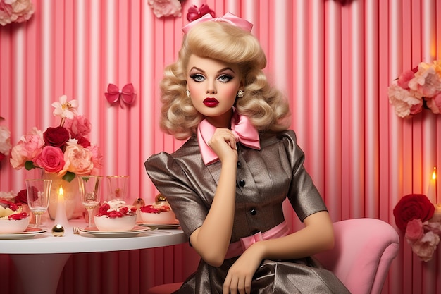 Una bambola bionda carina a un tavolo in un ristorante con un interno rosa generativo ai