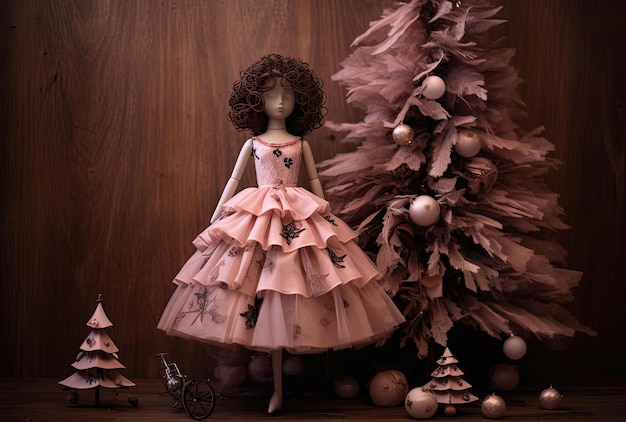 una bambola che indossa un vestito rosa con un albero in stile inesperto