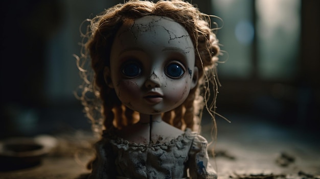 Una bambola con la faccia rotta è seduta sul pavimento in una stanza buia.