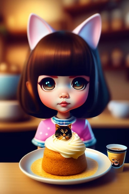 Una bambola con un gatto sopra una torta