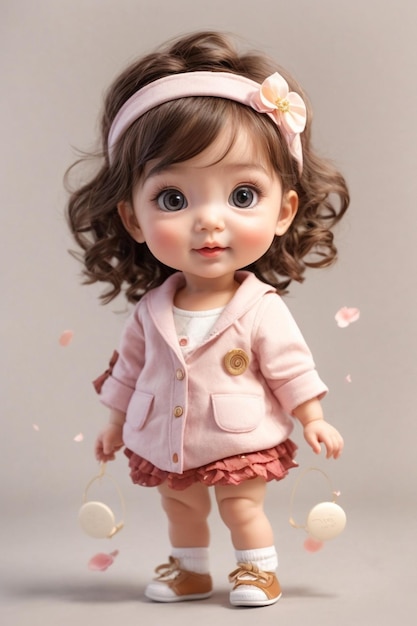 una bambola con una fascia rosa e un fiore rosa sulla testa