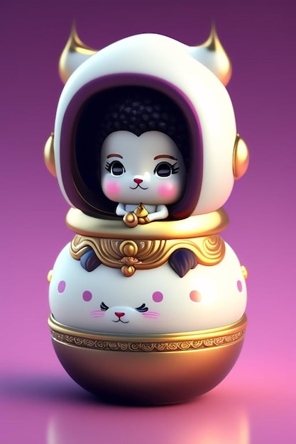 Una bambola con uno sfondo viola e un gatto al centro.