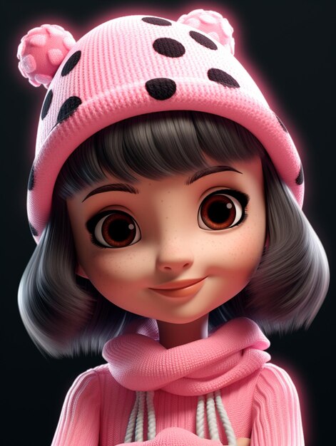 Una bambola femmina con un cappello rosa e un maglione a pois.