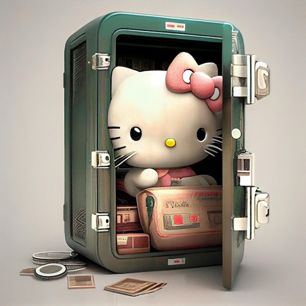 Una bambola Hello Kitty è all'interno di una scatola verde.