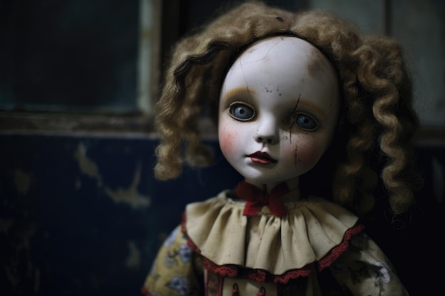 Una bambola raccapricciante con un occhio mancante dall'altro che fissa intensamente creata con l'IA generativa