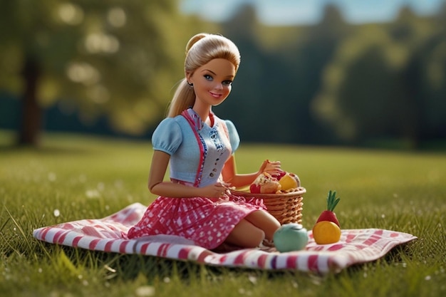 una bambola si siede su una coperta con uova e un cesto di frutta