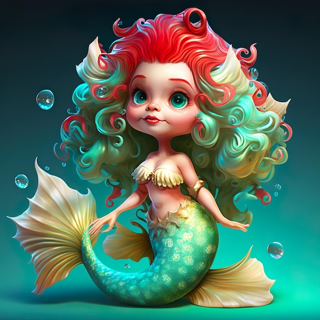 Una bambola sirena con i capelli ricci e una coda di pesce.
